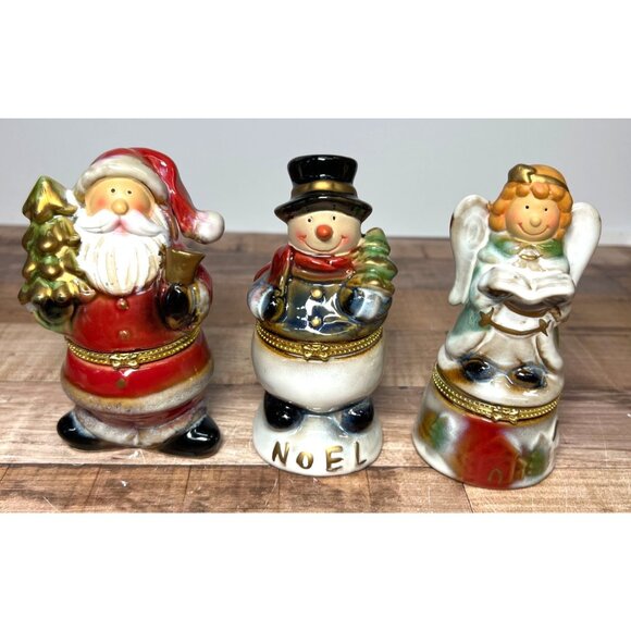Christmas Holiday Collectible Porcelain Trinket Boxes Set of 3 Hinged Figurines - Picture 1 of 7